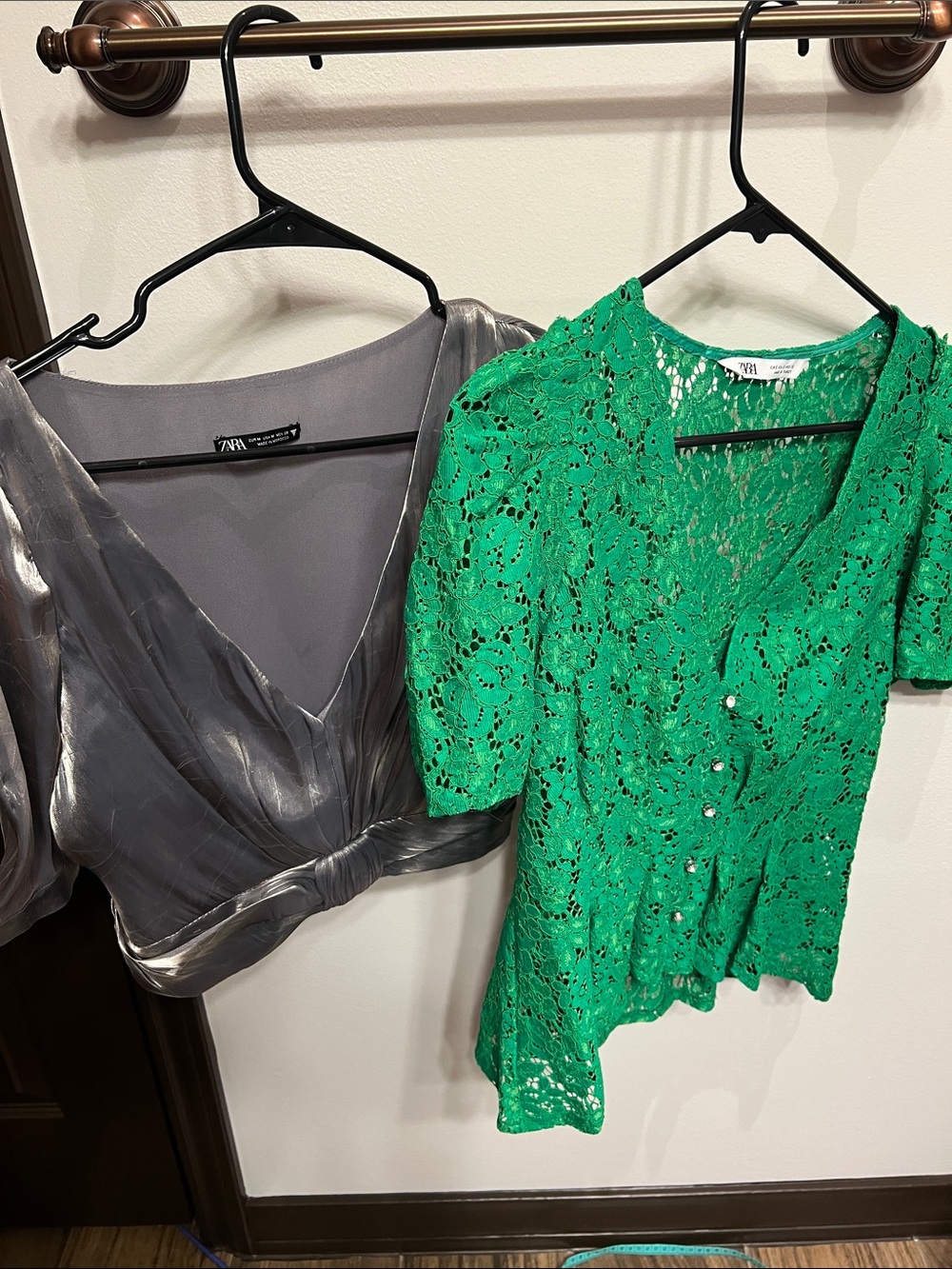 Lot of 2 Zara Tops. Green Lace Button-Down, Metallic Short-Sleeve Top